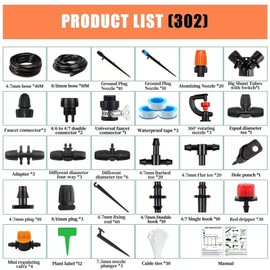 302PCS Drip Irrigation System for Garden: Automatic Drip Irrigation Kit Plant Watering System with 5 Kinds of Sprayers for Greenhouse Yard