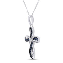 AFFY Round Simulated Blue Sapphire & White Cubic Zirconia Cross Pendant Necklace in 14k White Gold Over Sterling Silver 18" Chain