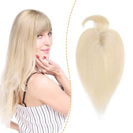 Silk Base Remy Clip In On Hair Topper with Bangs Crown Topper with Wispy Bangs Clip on Toupee Silk Human Hair Top Hairpiece For Women With Hair Loss Thinning Hair 10in Platinum Blonde