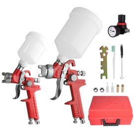 HVLP Air Gravity Spray Gun Set, 2 Pcs Sprayer Paint Gun Kit, 0.8mm 125ml & 1.4mm 600ml Automotive Paint Gun with Locking Air Pressure Regulator Gauge for Furniture, Car, Fence,Model Making (Red)
