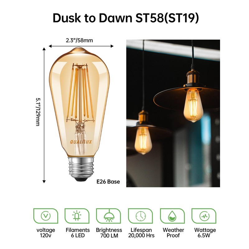 Dusk to Dawn Edison Light Bulbs ST19, Vintage Amber Glass,