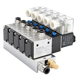 Baomain 5 Station Solenoid Valve Manifold, 12V DC 3 Way 2 Position Pneumatic Air Valve, Five Solenoid, 1/4" PT Port, Includes Manifold Base & Mufflers, 3V210-08