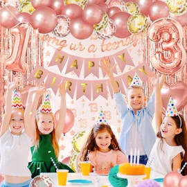 ZERODECO Rose Gold Birthday Party Decorations 13th, Omg Ur a Teenager Happy Birthday Banner Fringe Curtain 13 Garland Heart Star Foil Confetti Balloons for Women Girls Queen Princess Birthday Party