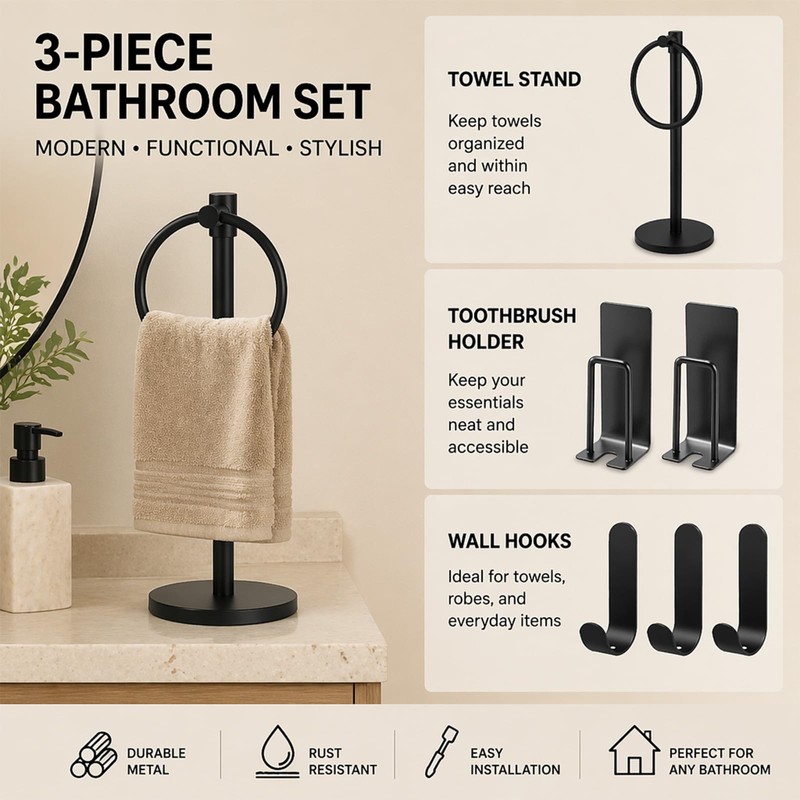 Bathroom Organizer Set - Towel Stand - Toothbrush Holder -