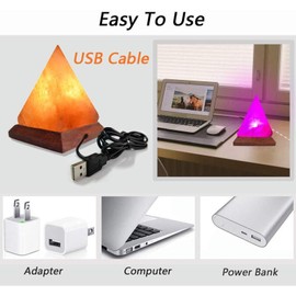 USB Plug in 5V RGB Himalayan Salt Lamp 7 Colors Changing Hand Carved Pyramid Crystal Salt Lamp with Solid Birch Wood Base for Office Home Decor Yoga Holiday Gifts