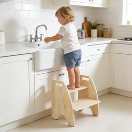 comfoyar Wooden Toddler Step Stool, 2 Step Stool for Kids with Handles and Anti Slip Pad, Convertible Back Chair, Height Adjustable Potty Training Helper Stool for Bathroom Sink, Bedroom