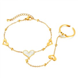 ALEXTINA Stainless Steel Hand Chain Bracelet, Gold Bracelets for Women Trendy Heart Bracelet Set Gold Bracelets Stack, White