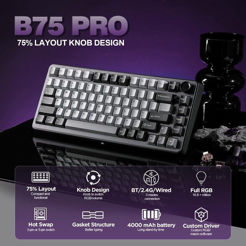 YUNZII B75 PRO Wireless Mechanical Keyboard,75% Layout with Knob,Hot Swap