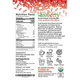 Wholeberry organic wolfberry gouqi Goji berries 16oz| Raw, Vegan, Gluten Free Super food High in Plant Based Protein, Dietary Fiber, Vitamin A & Iron | Large