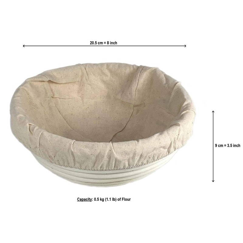 Tredoni Rattan 20cm Round Dough Rising Basket/Bowl +Cotton Cover, 0.5Kg