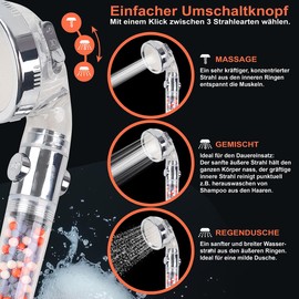 BadeStern Multifunctional Shower Head: Water Saving Shower Head with Filtration, Pressure Increase, 3 Jet Types (Rain Shower Head with Filter)