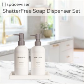 Spacewiser ShatterFree Soap Dispenser Set - Kitchen Soap Dispenser Set, Bathroom Soap Dispenser Set, Dish Soap Dispenser for Kitchen, Hand Soap Lotion Dispenser 16 oz PET, Shatter-Free, White Tray