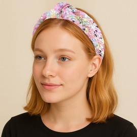 SOXUI 2Pcs Sequin Knot Headband for Girls – Sparkly Rainbow Iridescent Hair Bands for Kids, Party Headwear, Cute Pink and Black Knotted Headbands for Women and Girls