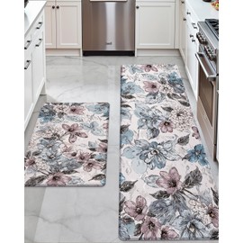DEXI Kitchen Mats for Floor 2 Piece Set, 17x29+17x59, Cushioned Standing Mat Anti Fatigue, Waterproof Comfort Floral Padded for Laundry Room Office, Pink and Teal
