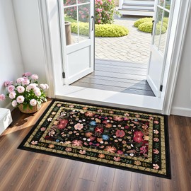 Entryway Rug 2x3 Rug Door Mat Indoor Entrance Black Vintage Boho Floral Rugs Deerly Washable Non-Slip Low Pile Throw Rugs Soft Thin Front Indoor Carpet for Kitchen Entryway Farmhouse, Black/Multi