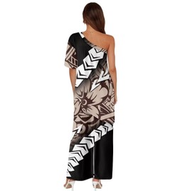 Zhangruoheng Polynesian Tribal Tatau Pattern Hawaiian Two Piece Casual Dresses for Women Short Sleeve Top High Waist Long Skirt Set One Shoulder Slit Maxi Dress for Beach, Cocktail Beige XX-Large