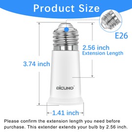DiCUNO E26 Socket Extender, E26 Medium Screw Base, Light Socket Extender by 2.56 Inch Extension, Bulb Base Extension Adapter, Max 200W, 2-Pack