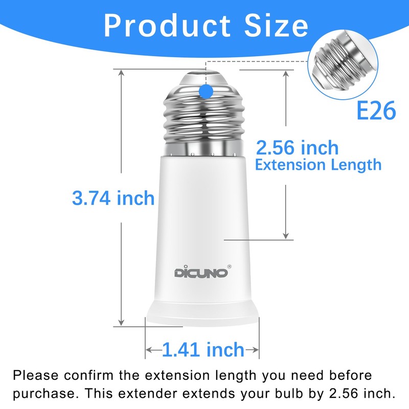 DiCUNO E26 Socket Extender, E26 Medium Screw Base, Light Socket