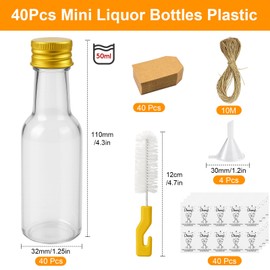 Nadisean 40 Pack Miniature Alcohol Bottles 50ml/1.7oz, Empty Mini Alcohol Bottles, Reusable Mini Plastic Bottle with Screw Caps, Funnel, Cleaning Brush, Hangtag, Stickers, Ropes for Weddings Parties