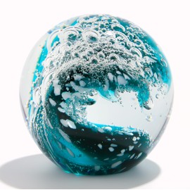 Enjinkail Hand Blown Ocean Waves Crystal Ball - Glass Collectible Figurines Spere - Paperweight Glass Ball Aquarium DecorOffice Decor Ocean Lovers