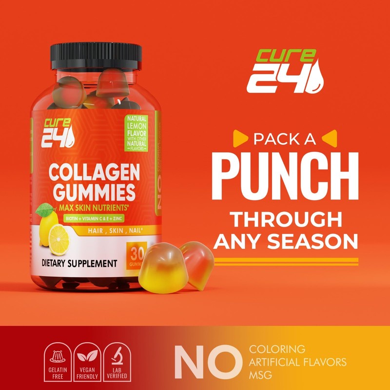 Cure24 Collagen Gummies with Zinc, Vitamin C and Biotin, Collagen