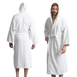 KAHAF COLLECTION Men's Terry Bathrobe with Hood, 100% Cotton Soft Long Towel Robe for Men, Super Absorbent, Quick Dry, Warm & Lightweight Loungewear, Spa, Shower, Gym & Home (L/XL, White)