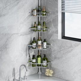 LAMU Corner Shower Caddy Tension Pole, Stainless Steel Shower Organizer, Strong Spring, 4 Adhesive Pads, 2.4" Non-Slip Grid Base, Adjustable 4-Tier Basket, 4 Hooks, Fits Heights 37.8-124", Silver