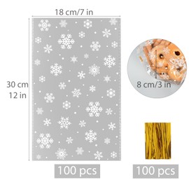 COLOFALLA Pack of 100 18 x 30 cm Snowflakes Cellophane Bags Christmas Cookie Bags for Filling Small Transparent Cellophane Bags Gift Bags