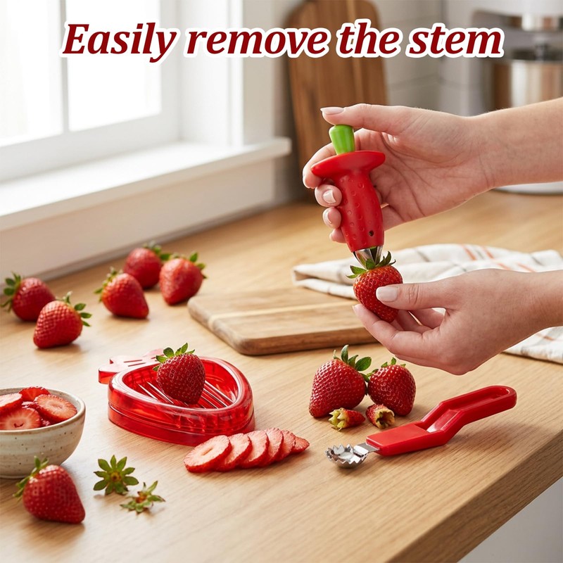 4-Piece Fruit Preparation Tools for Quick Snacks and Desserts, Strawberry