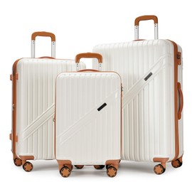 PRIMICIA GinzaTravel Luggage Sets 3-Piece Expandable Suitcases with Wheels PC+ABS Durable Hardside Luggage sets TSA lock（White + Brown）