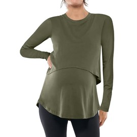 Women's Maternity Nursing Tops Casual Long Sleeve Double Layer Breastfeeding Shirts Pregnancy Clothes Army Green