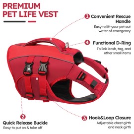 Queenmore Life Jacket Dog XL, Ripstop Dog Life Jacket, Life Jacket Labrador, Dog Life Jacket Large Dog Life Jacket with Handle, Boating Surfing, Red, XL