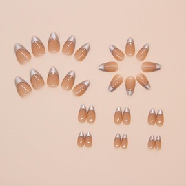 24Pcs French Tip Press on Nails Medium Almond Fake Nails with Designs Reusable Nude False Nails Full Cover Silver French Tips Acrylic Nails Glossy Glue on Nails for Women Girls Manicure Supplies
