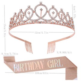 DFsucces Birthday Crown Set of 2 Birthday Girls Belt Set, Stylish, Birthday Headband, Birthday Decoration, Stage Costume, Wedding, Party, Non-Precious Metal, Crystal