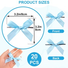 Pndeyo 20pcs Twist Tie Bows, Satin Ribbon Premade Bows, Gift Wrapping Bowknot for Christmas Wedding Baby Shower Brithday Party Treat Bags Present Bags Bakery Candy Bags Decorations- Light Blue