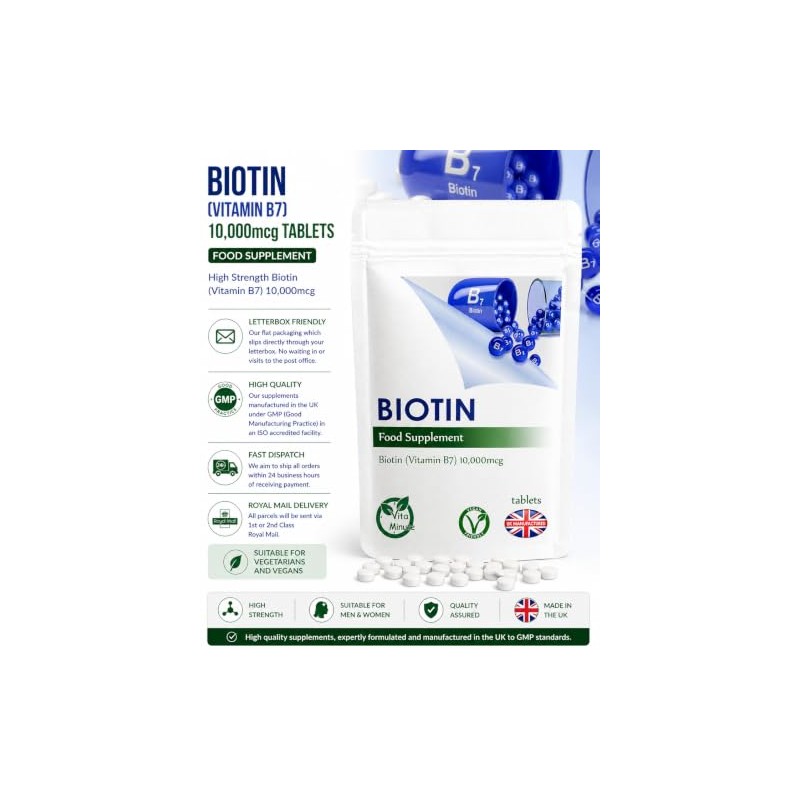 Biotin 10000mcg Tablets (Vegan) Hair, Skin and Nails Support, Vitamins