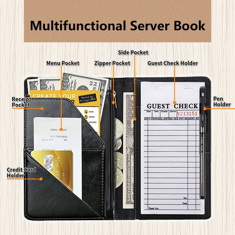 Server Book for Waitress,Leather Waitress Book Organizer with Zipper Pocket