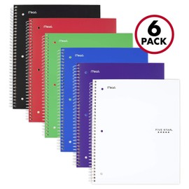 Five Star Spiral Notebook + Study App, 1 Subject, College Ruled Paper, 8.5" x 11", 100 Sheets, Assorted Colors, 6 Pack (38052)
