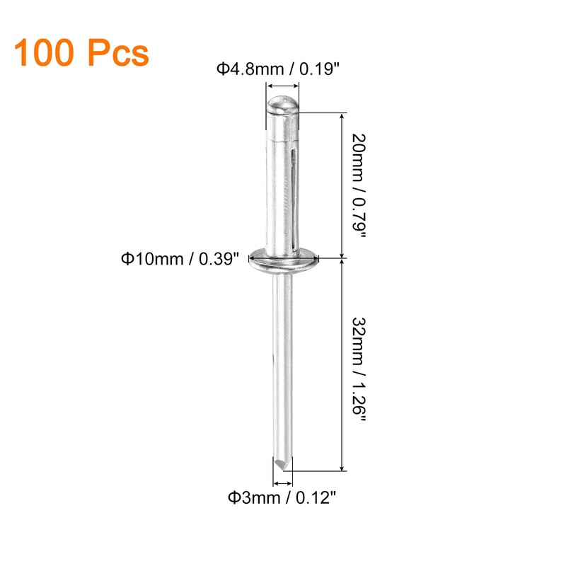 sourcing map 100Pcs 3/16"x3/4" Aluminum Round Head Tri Grip Rivets,