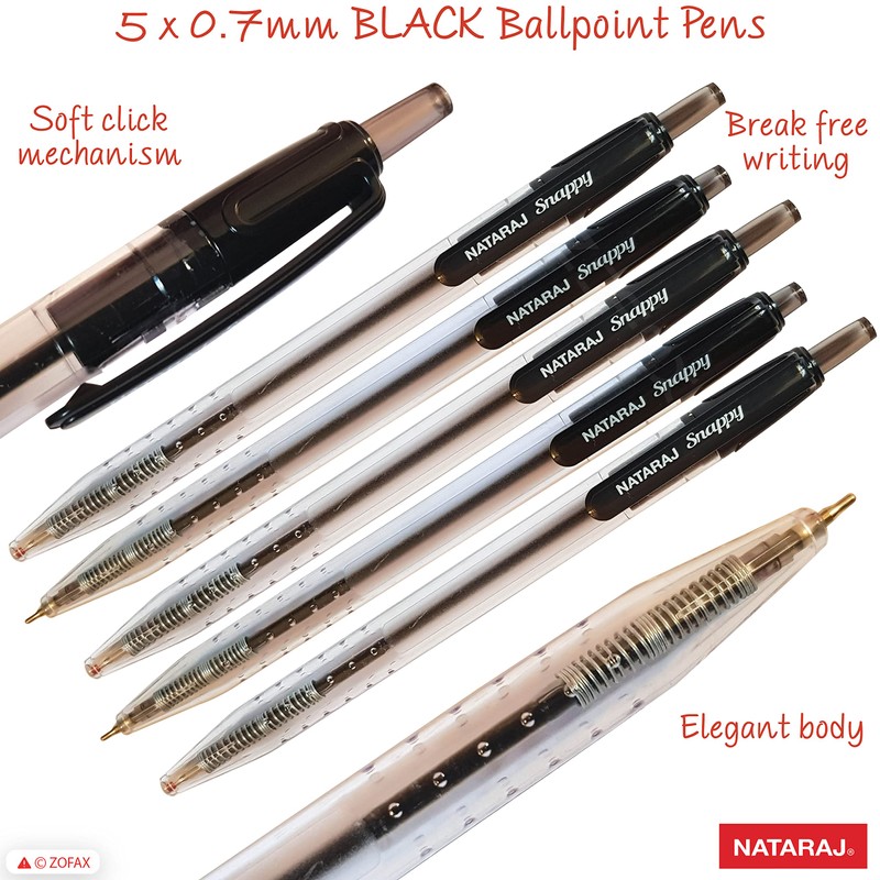 NATARAJ Snappy Ballpoint Pens, Retractable, BLACK, 0.7mm Fine Point, Pack