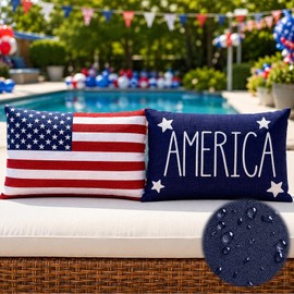Irenare 2 Pack Outdoor Waterproof 4th of July Lumbar Throw Pillow Covers 12x20 250th Anniversary Red White Blue Pillow Case for Patriotic Independence Day Patio Porch Garden Pool(USA Flag)