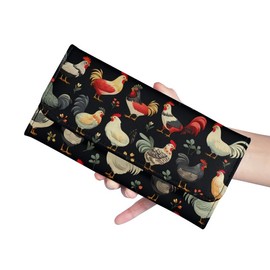 Jolamirel Chicken Rooster Women's PU Leather Three Fold Wallet Long Trifold, Farm Rooster Handcrafted Stitching Credit Card Money Organizer With ID Window Black
