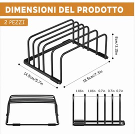 Dexpally 2 Pezzi Porta Taglieri Da Cucina in Metallo, Supporto per Taglier con 5 Scomparti per Coperchi Pentole, Spatole, vassoi,Piatti, Teglie (Nero)