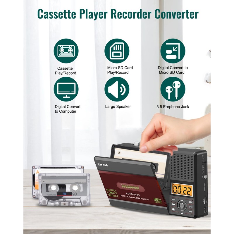 SEMIER Small Cassette Tape Player, USB C or SD Card