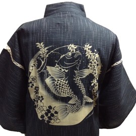 Edoten Men's Jinbei, Seersucker, Cool, Summer, 100% Cotton, Discharge Printing, Original Pattern, Carp, Sea Bream, Goldfish, Butterfly, Crane, Turtle Hawk, Zigzag, Rabbit, Shiba - Casual Carp and Branch Hanging Cherry Blossom, Black