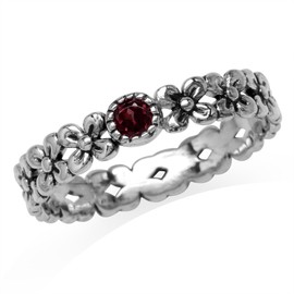 Silvershake Petite Natural Rhodolite Garnet 925 Sterling Silver Flower Stack Stackable Eternity Ring Size 7, 7, Sterling Silver Rhodium/White Gold & Antique Finishing, genuine rhodolite garnet