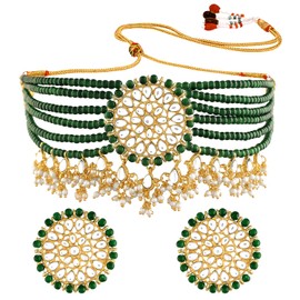 Aheli Choker Set Glided With Kundan & Pearls Gift for Women Indian Traditional Bollywood Jewelry Green