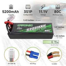 OVONIC 80C 3S 5200mAh 11.1V Lipo Batería con conector EC5 para arrma 1/10, 1/8, 1/7Scale RC Coches y Camiones Buggy Truggy 2pcs