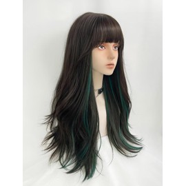 WKLOUYHE Long Wavy Wig for Women Synthetic Curly Wig with Bangs Fibre Cosplay Wig for Girls Daily Use Colorful Wigs (Black+Brown+Green)