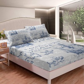 Nautical Sailboat Bed Sheet Set Ocean Starfish Bed Sheets for Kids Boys Girls Mermaid Blue Sea Adventure Bedding Set Vintage Old Newspaper Decor Fitted Sheet With 2 Pillowcase 3Pcs Bedding Double